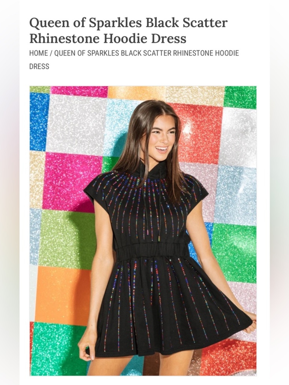 QUEEN OF SPARKLES Black Hooded Mini Dress with Rainbow Bejeweled Stripes